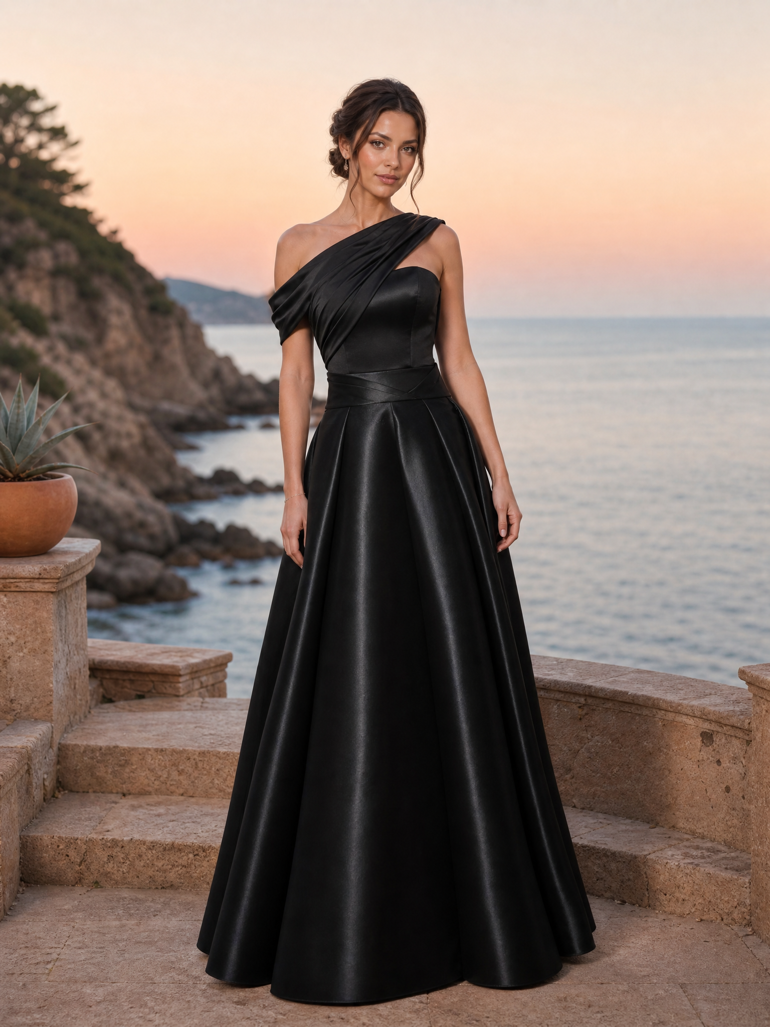 Black Satin One Shoulder A-Line Maxi Dress