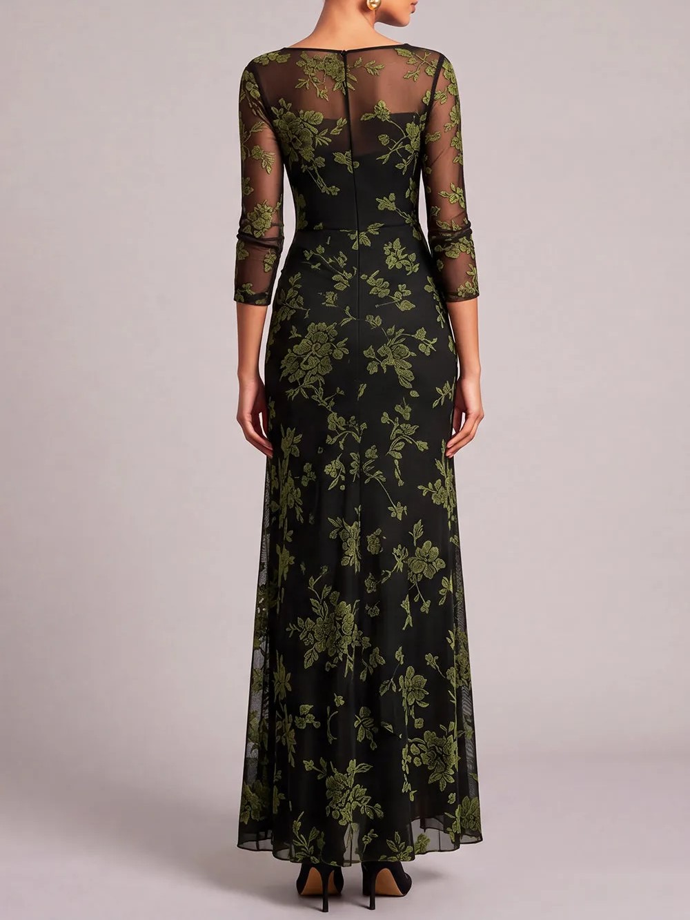 Black Round Neck 3/4 Sleeve Floral Embroidery Ruched Waist Sheath Maxi Dress