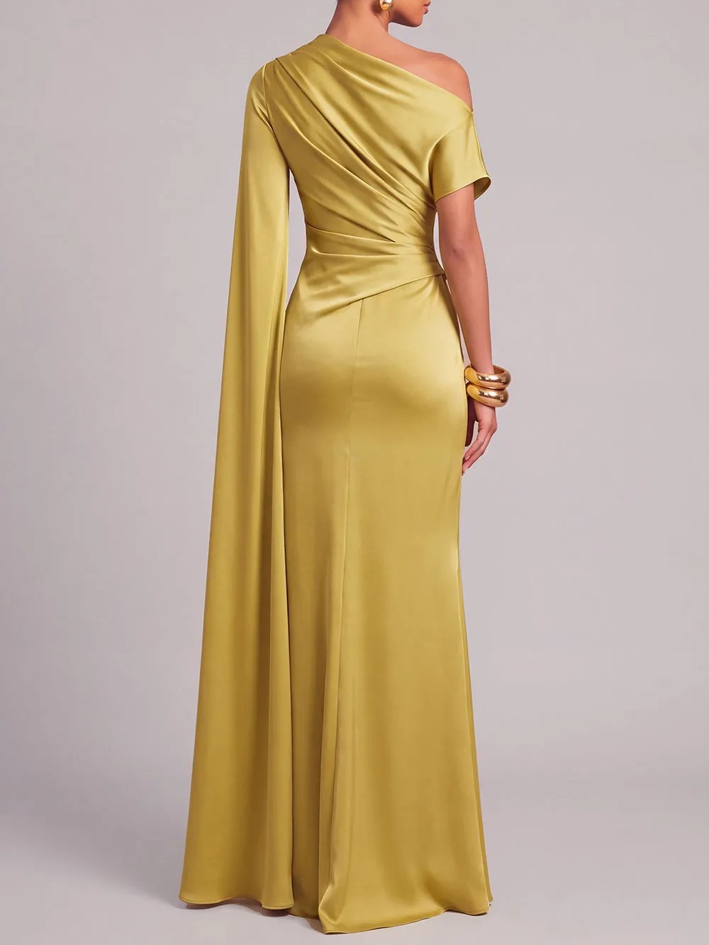 Mustard Asymmetric One-Shoulder Cape Sleeve Draped Waist Sheath Maxi Dress