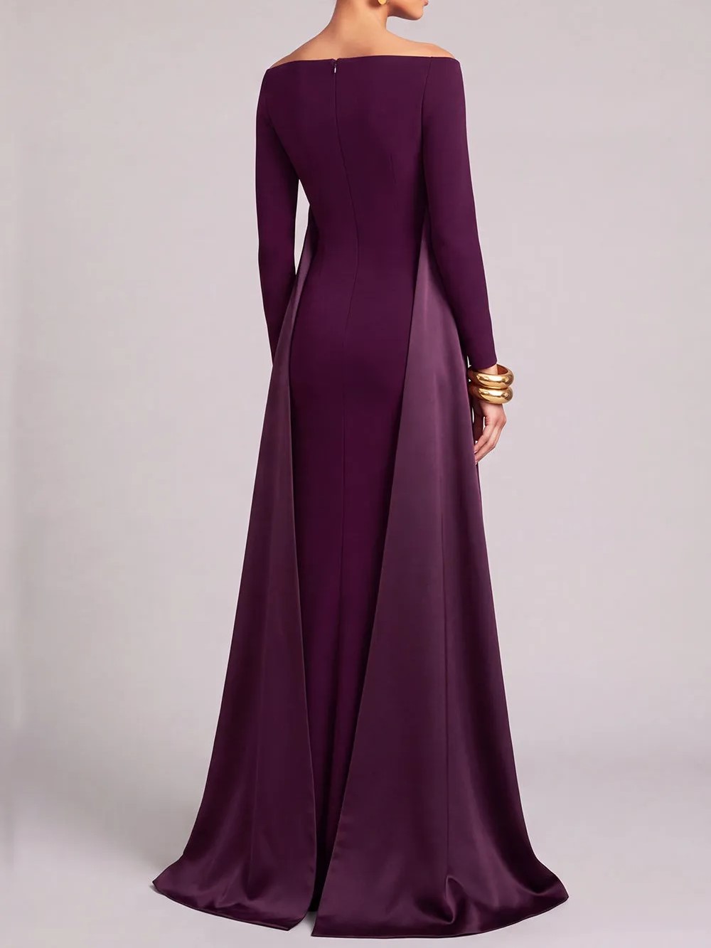 Burgundy Off-the-Shoulder Long Sleeve Sash Belt Sheath Maxi Dress