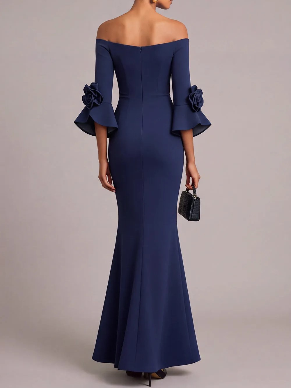 Navy Blue Off-the-Shoulder 3/4 Flare Sleeve 3D Flower Cuff Mermaid Maxi Dress