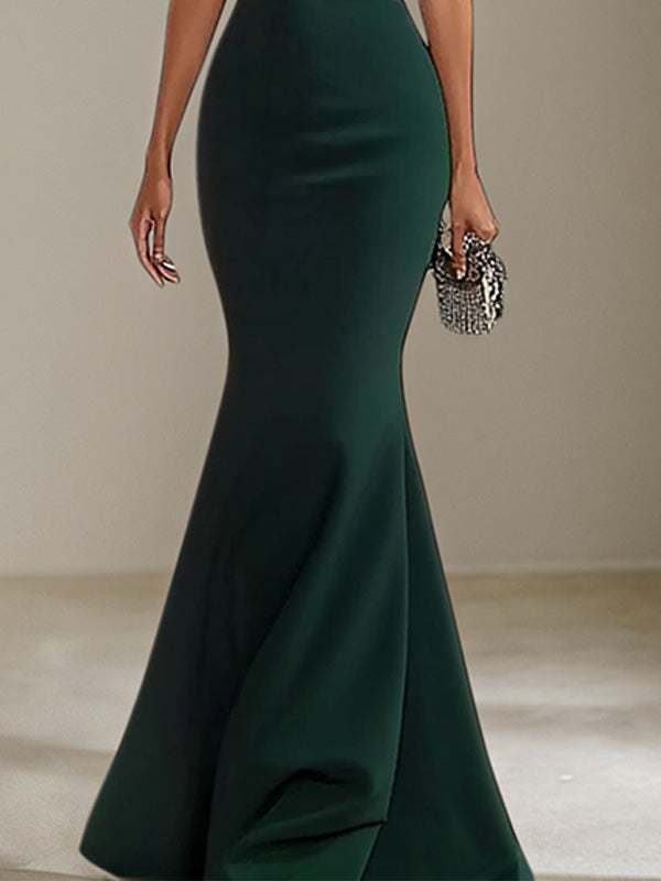 Dark Green Stretch Crepe V Neck Flutter Sleeves Floor Length Mermaid Formal Dress