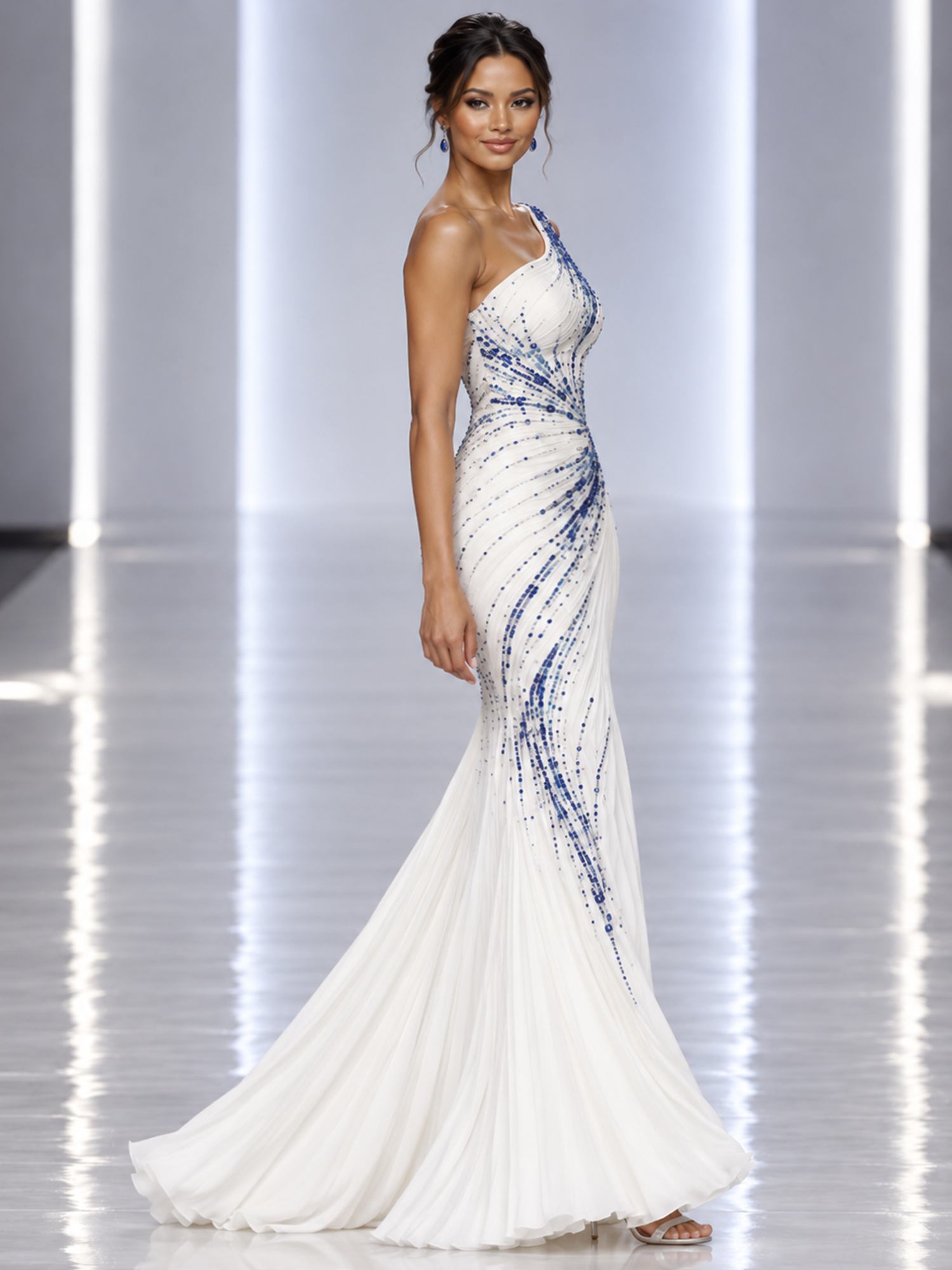 White One-Shoulder Sleeveless Blue Beaded Mermaid Maxi Dress