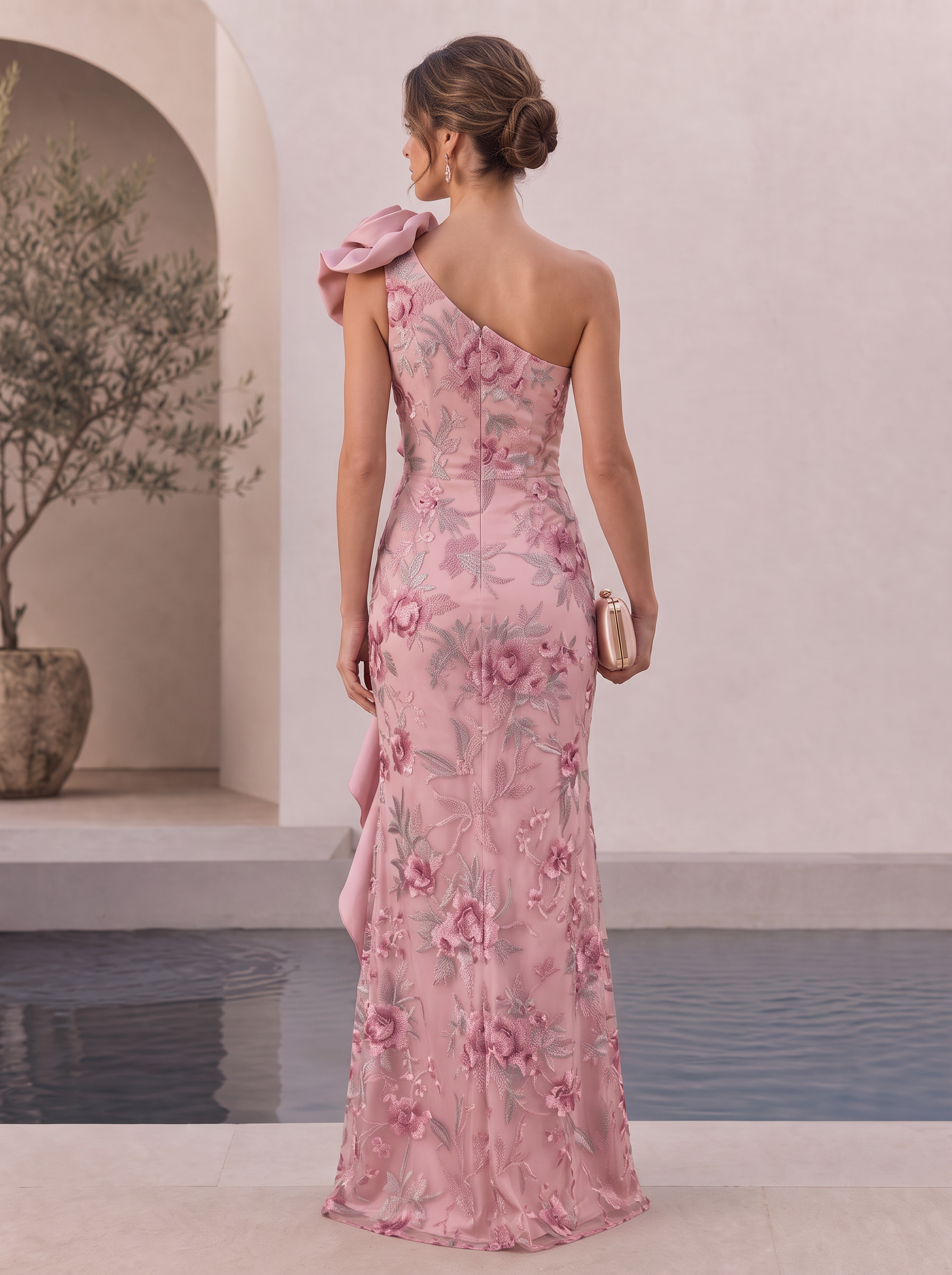 Dusty Pink Floral Embroidery One Shoulder Mermaid Maxi Evening Gown