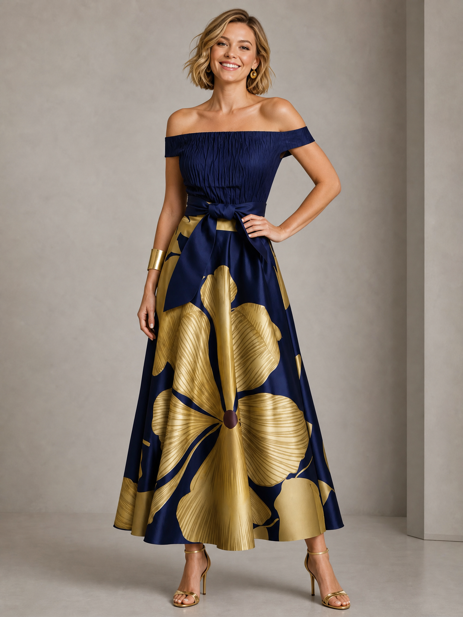 Navy Blue Strapless Ruched Bow Floral-Print Maxi Dress