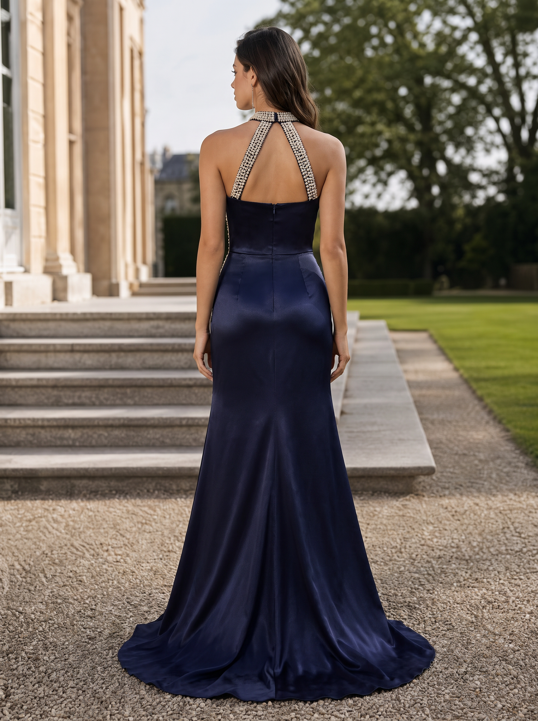Navy Blue Halter Crystal Beaded High-Slit Mermaid Maxi Dress