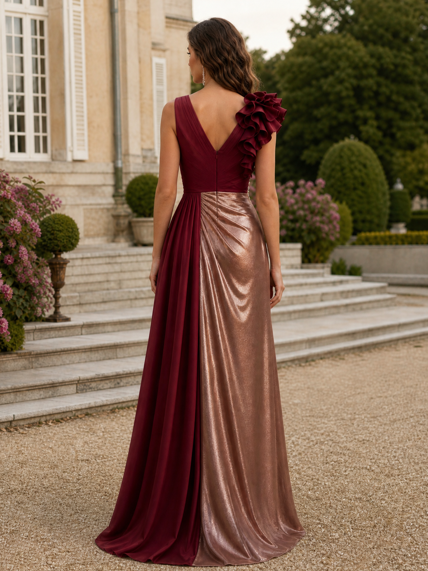 Burgundy & Rose Gold Deep-V Floral Ruffle Maxi Dress