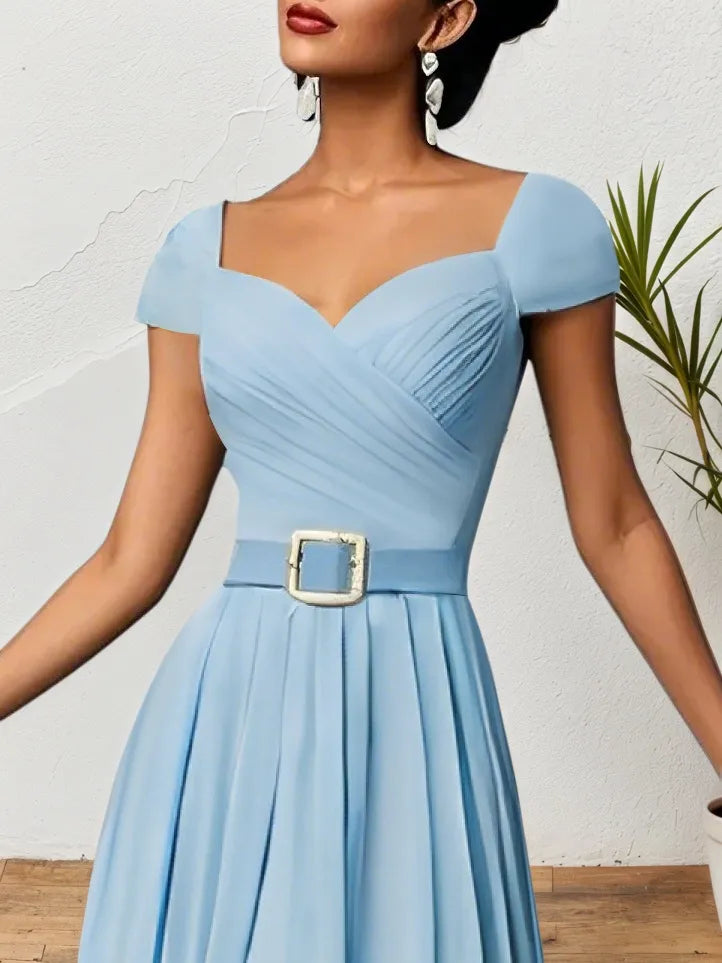 Light Blue Pleated Ruched Sweetheart Neckline A-Line Maxi Chiffon Dress