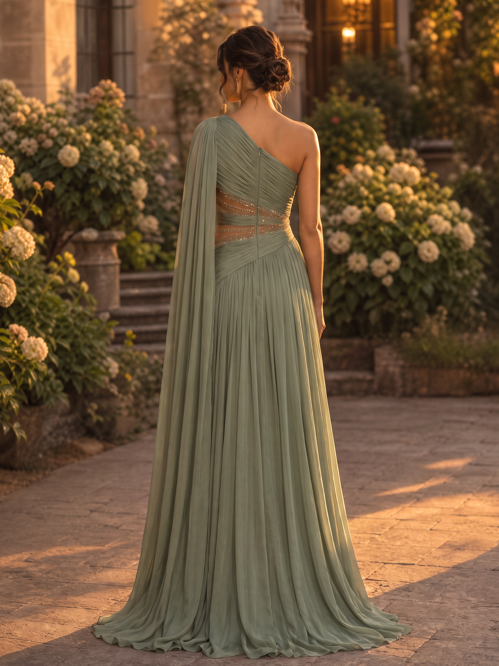 Sage Green One-Shoulder Cape-Sleeve Beaded Cutout Ruched A-Line Maxi Dress