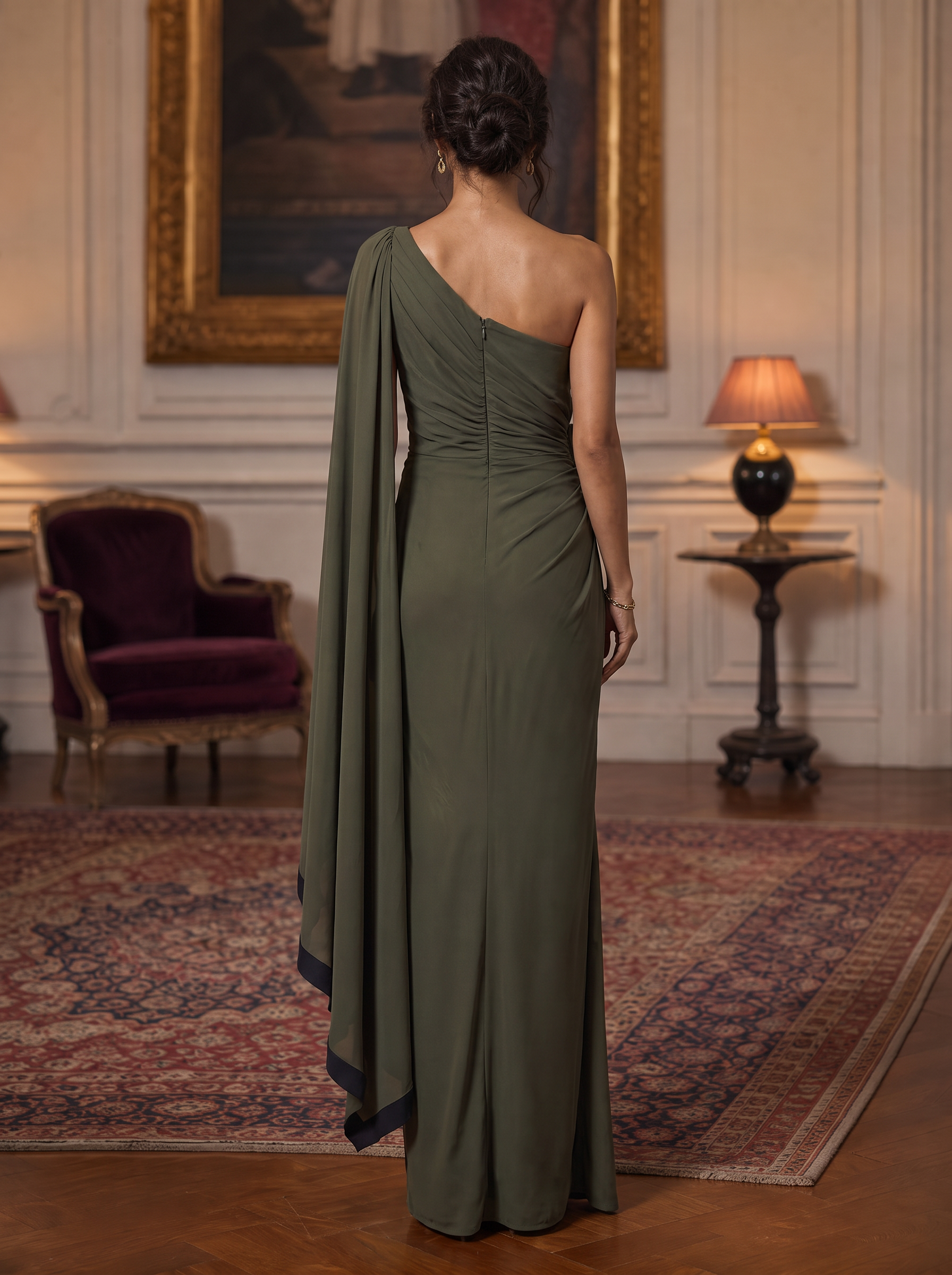 Olive Green One-Shoulder Cape-Sleeve 3D-Floral Ruched Maxi Dress