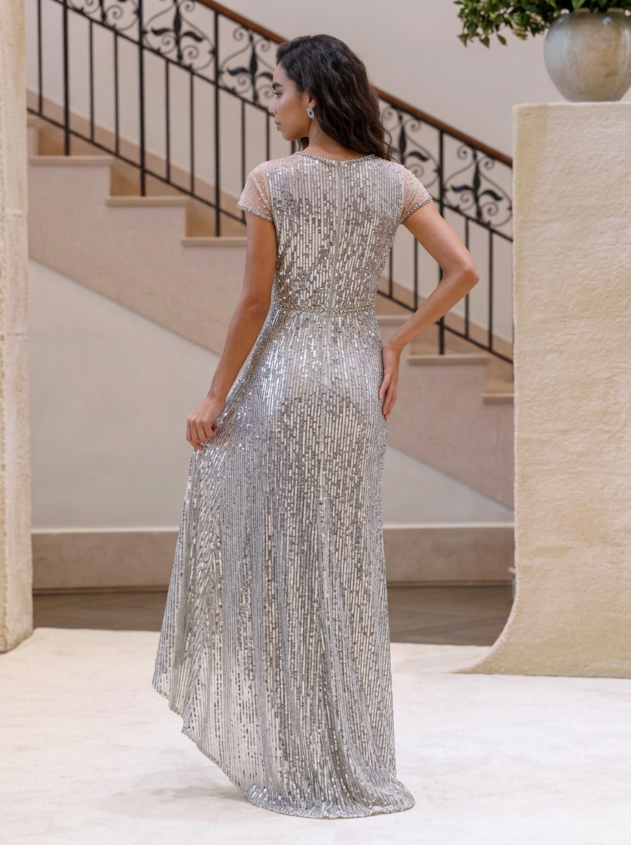Silver V-Neck Cap Sleeve Sequin Beaded Sheath Maxi Dress