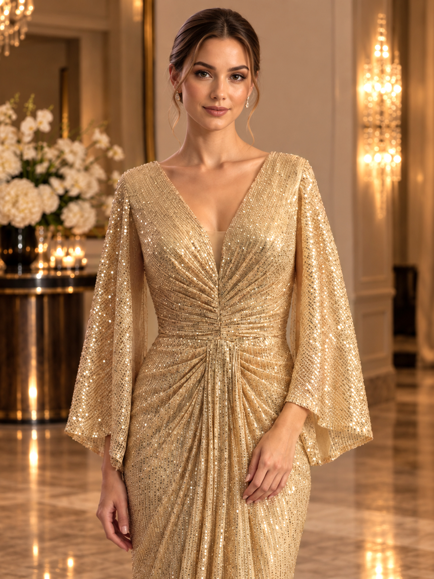 Gold Sequined V Neck Flare Sleeve Mermaid Maxi Dress