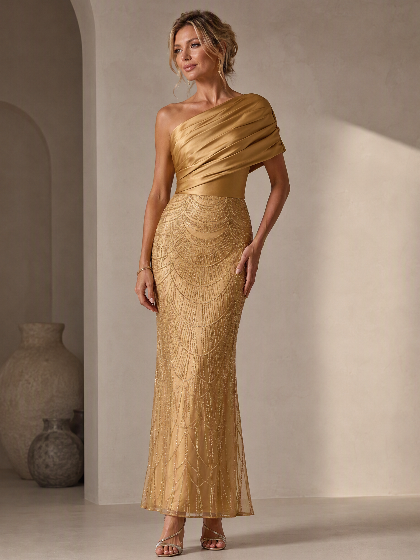 Gold One-Shoulder Satin Sequin Embroidery Mermaid Maxi Dress