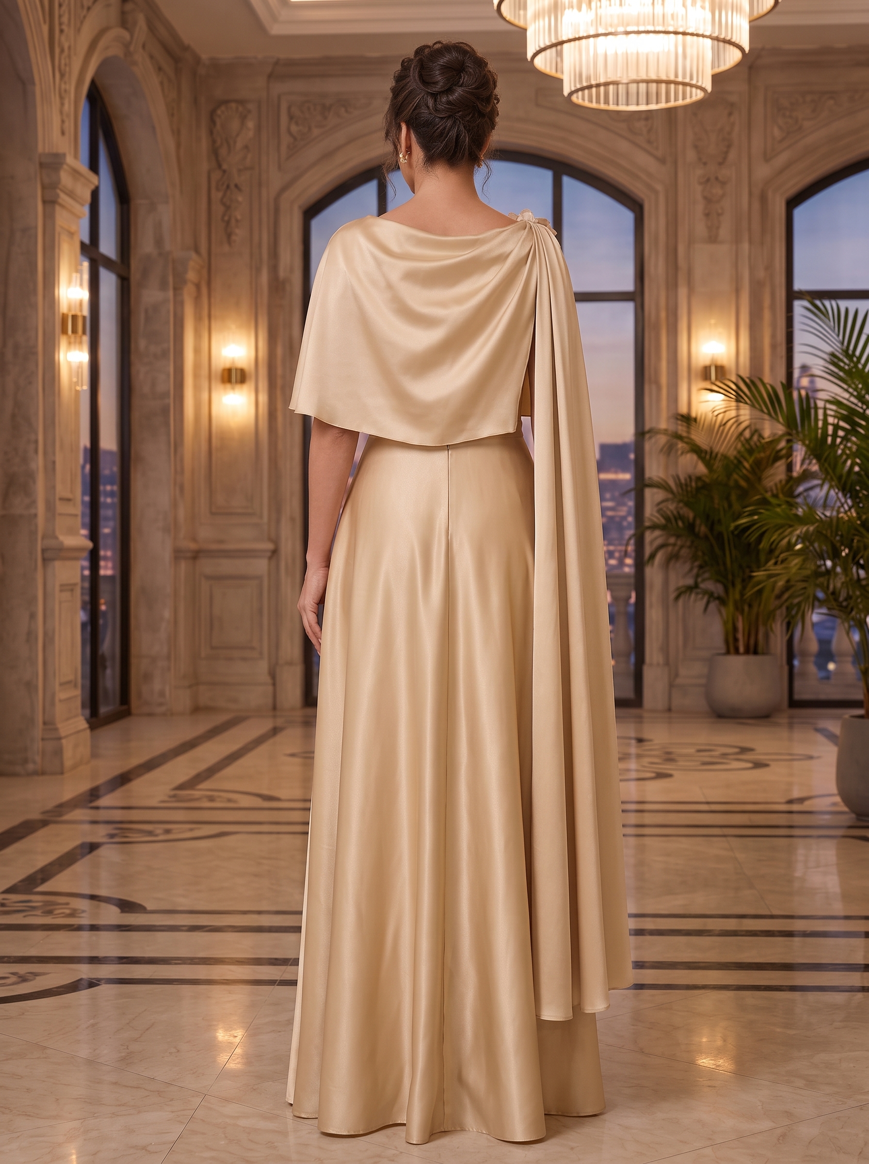 Champagne Cowl Neck Draped Shoulder Floral A-Line Maxi Dress