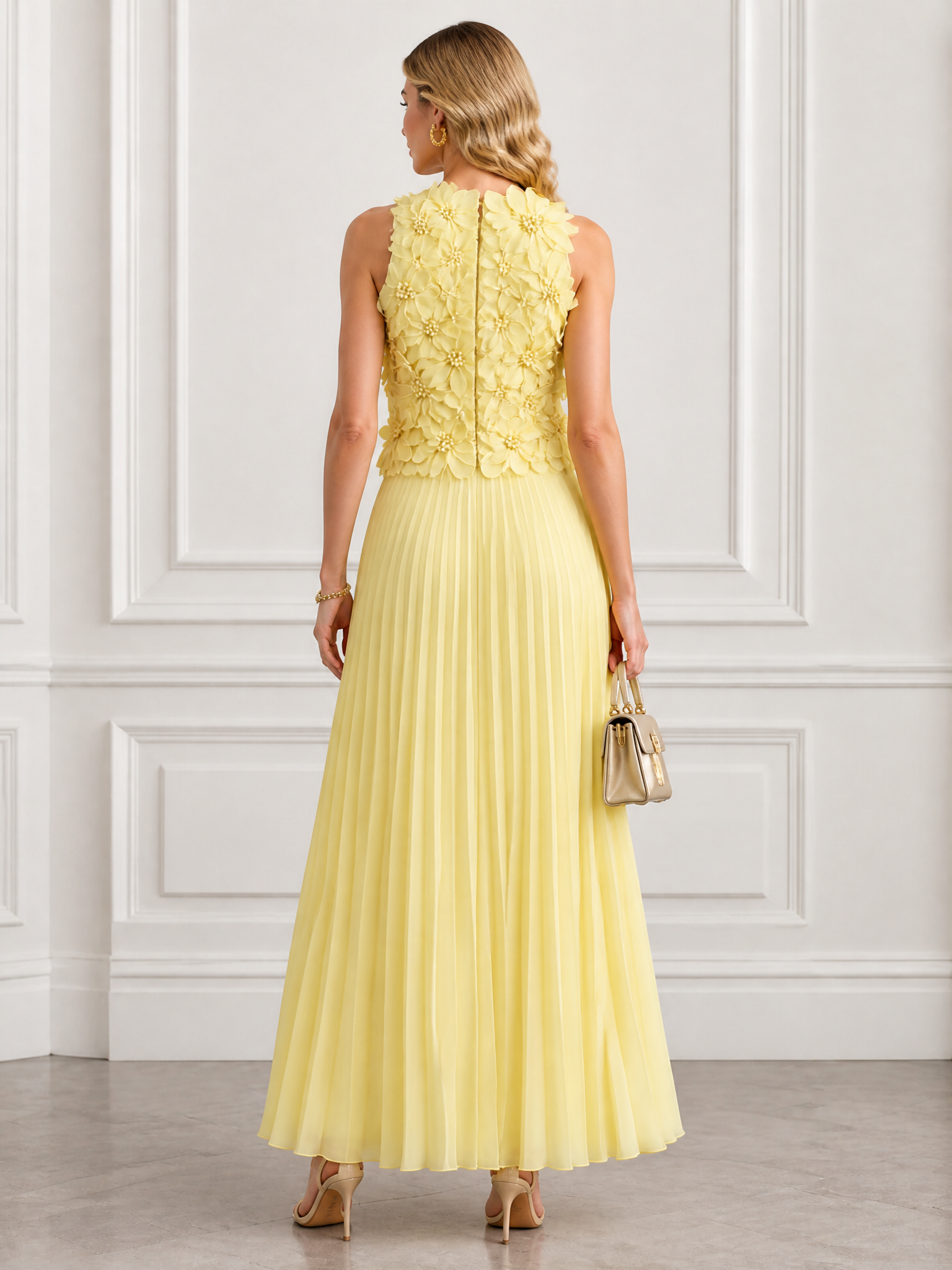 Lemon Yellow High Neck Floral Applique Pleated Midi Dress