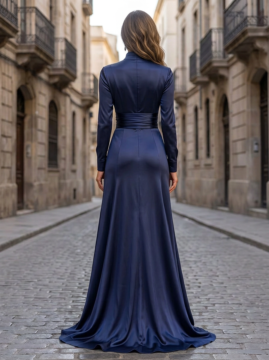 Navy Blue V-Neck Long Sleeve Twist Waist High-Low Ruffle Maxi Dress