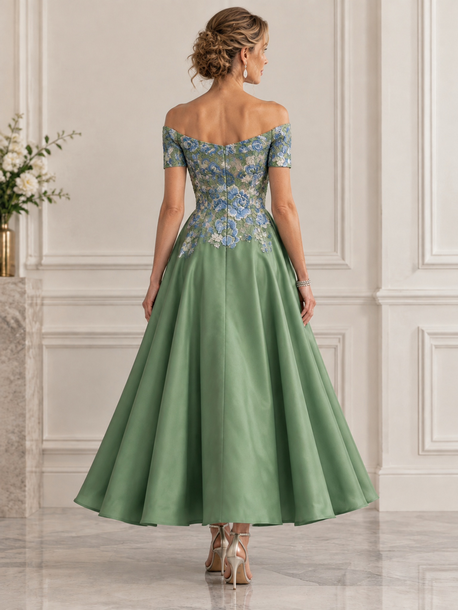 Emerald Green Off Shoulder Floral Lace A-Line Midi Dress