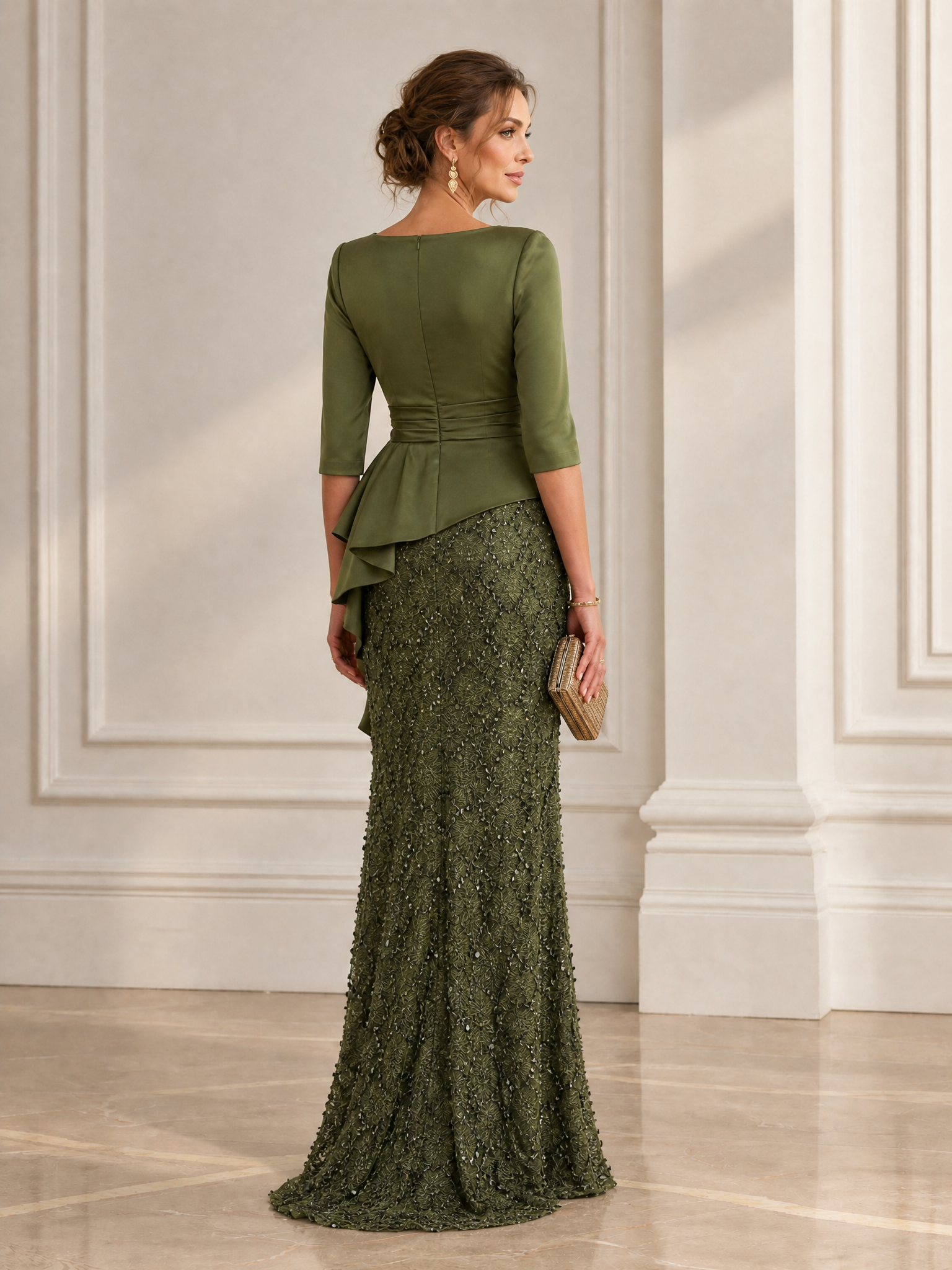 Olive Green Boat Neck Elbow Sleeve Sequin Mermaid Maxi Dress