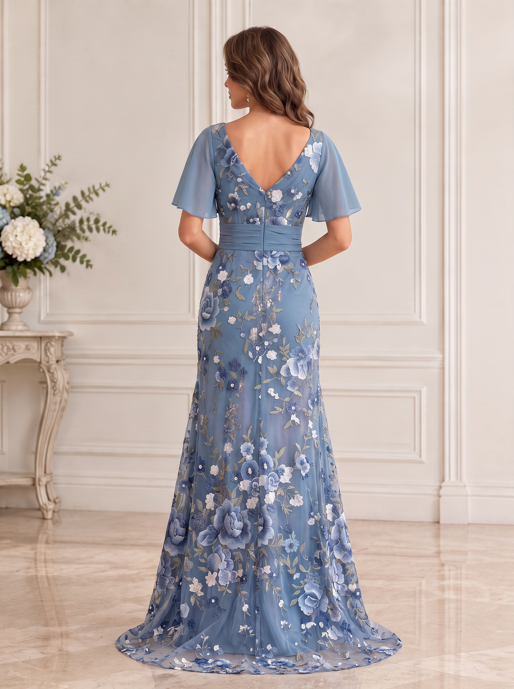 Dusty Blue V-Neck Cap Sleeve Floral Embroidery Mermaid Maxi Dress