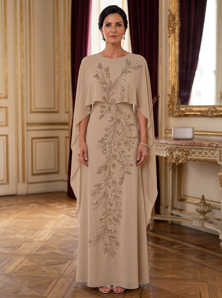 Champagne Draped Cape Beaded Floral A-Line Maxi Dress