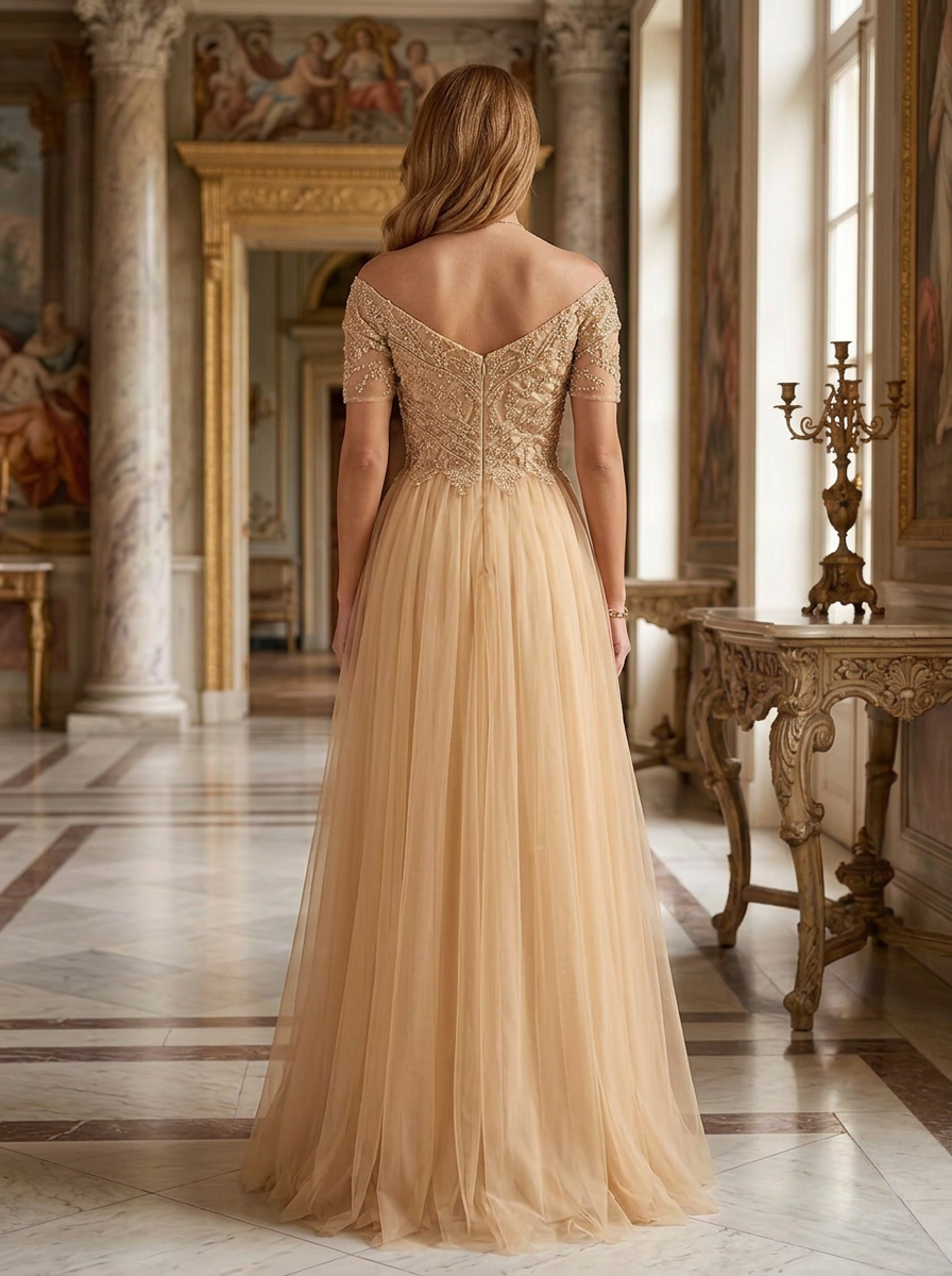 Champagne Off Shoulder Beaded Sleeve Tulle A-Line Maxi Dress