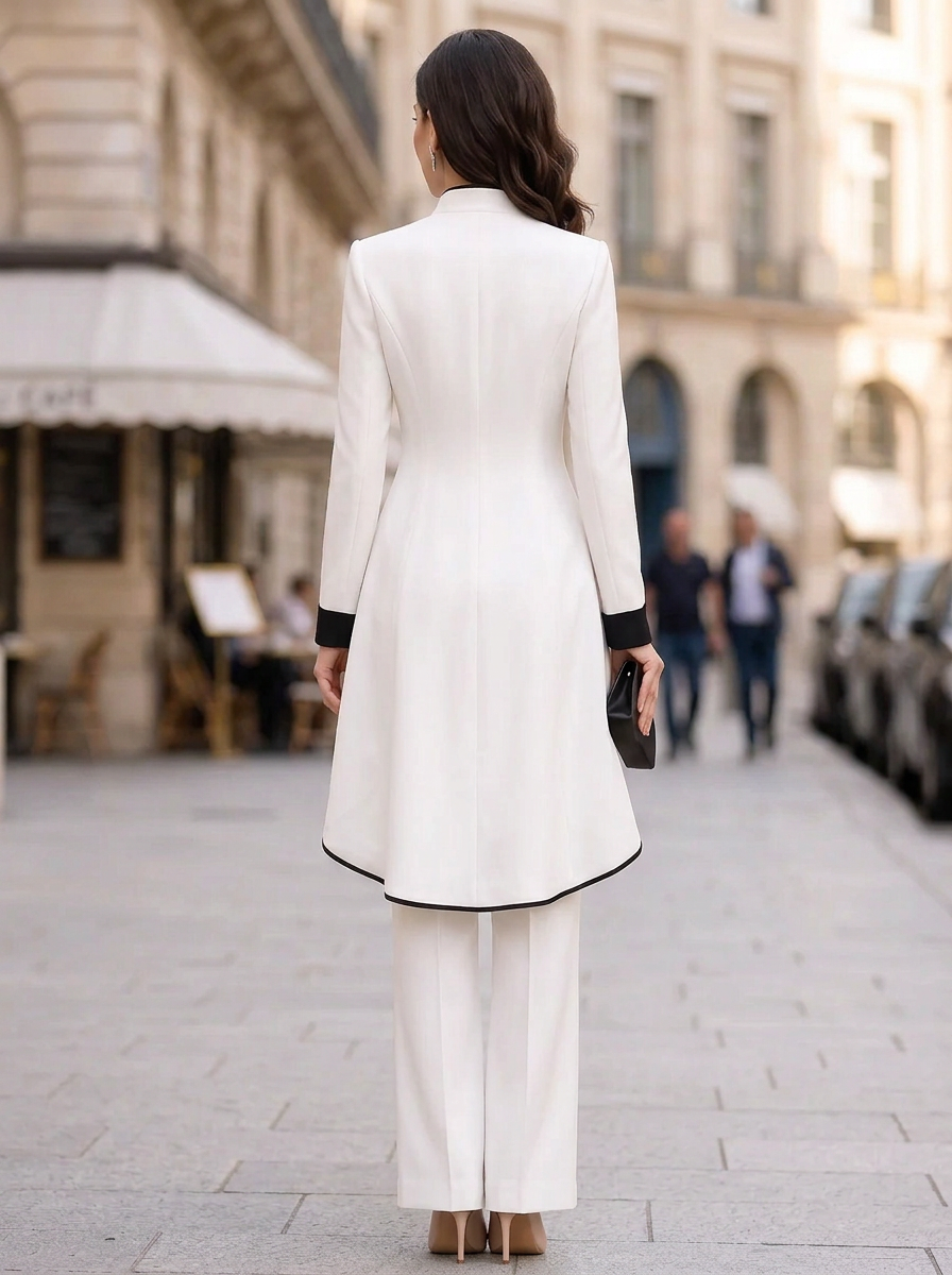 White Black Trim Mandarin Collar Asymmetric Hem Wide Leg Pantsuit