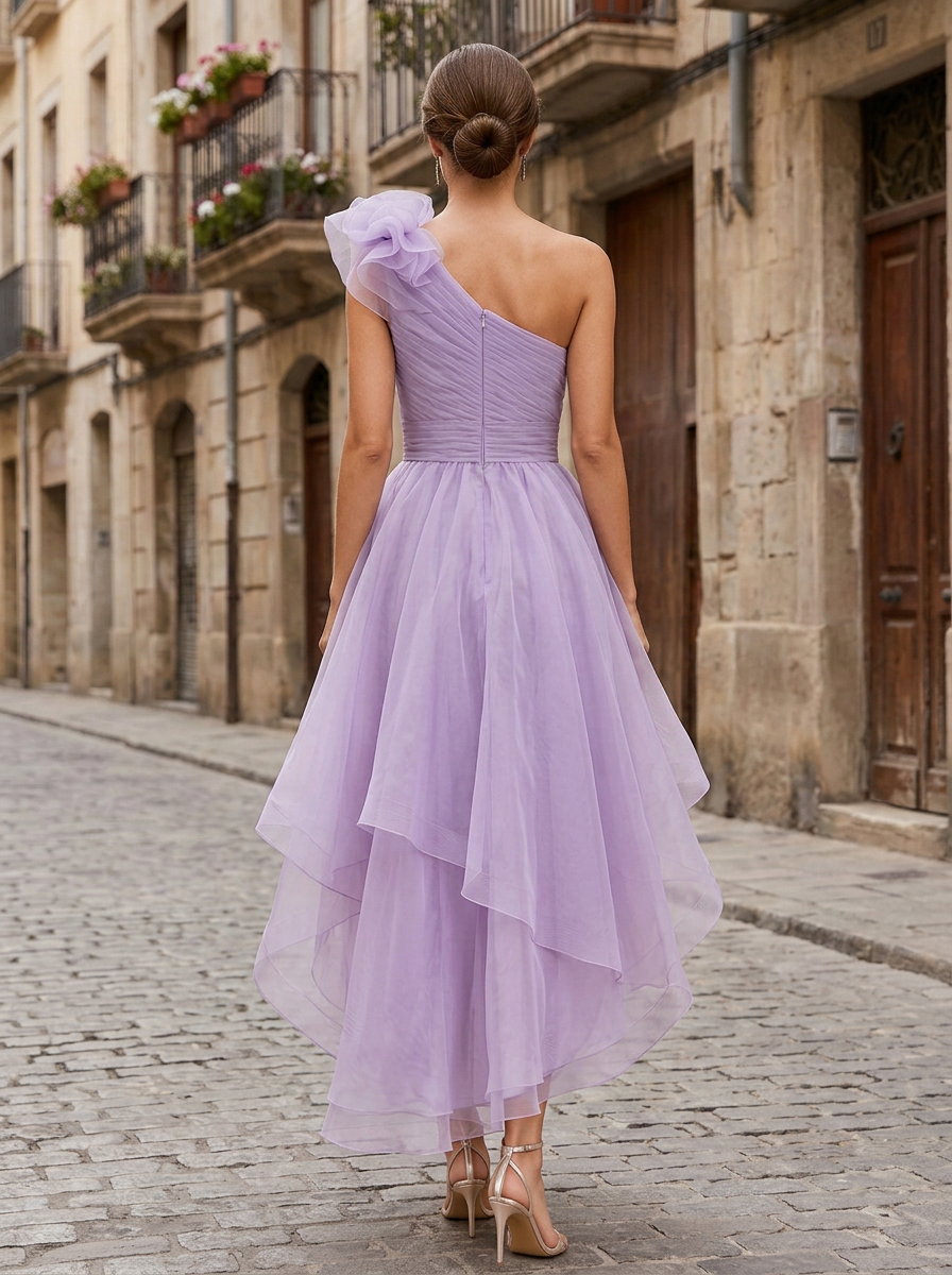 Lavender One-Shoulder Floral Applique High-Low Tulle Maxi Dress