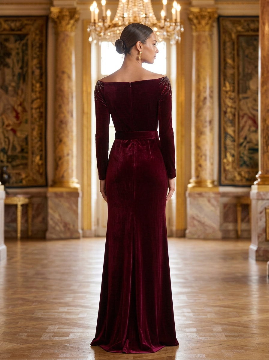 Burgundy Velvet Off Shoulder Long Sleeve Beaded Mermaid Maxi Dress