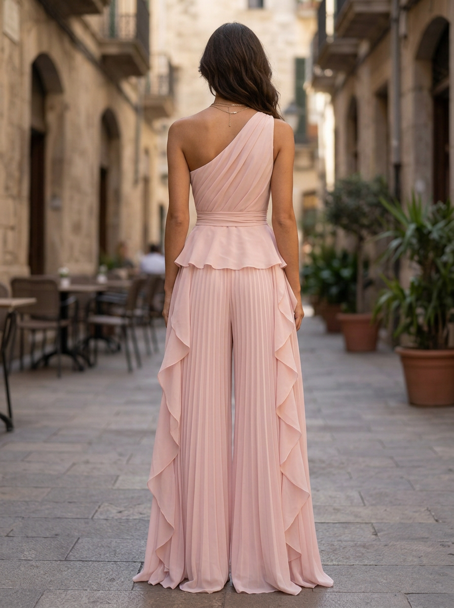 Blush Pink One-Shoulder Ruched Ruffle Wide Leg Jumpsuit