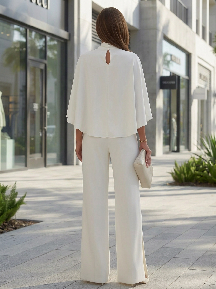 Ivory High Neck Batwing Sleeve Slit Wide Leg Pantsuit