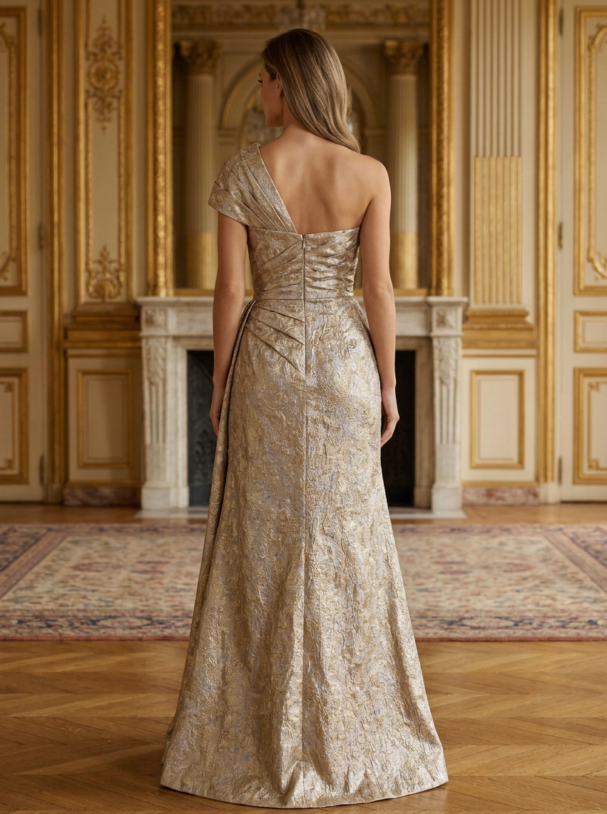 Gold One-Shoulder Jacquard Slit Maxi Dress