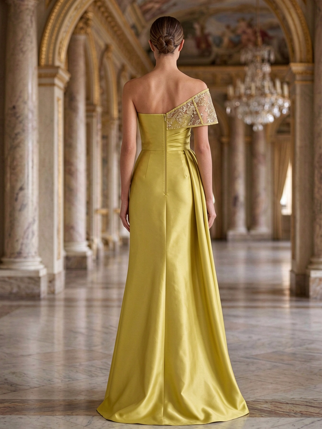 Mustard Yellow One-Shoulder Lace Satin Maxi Dress