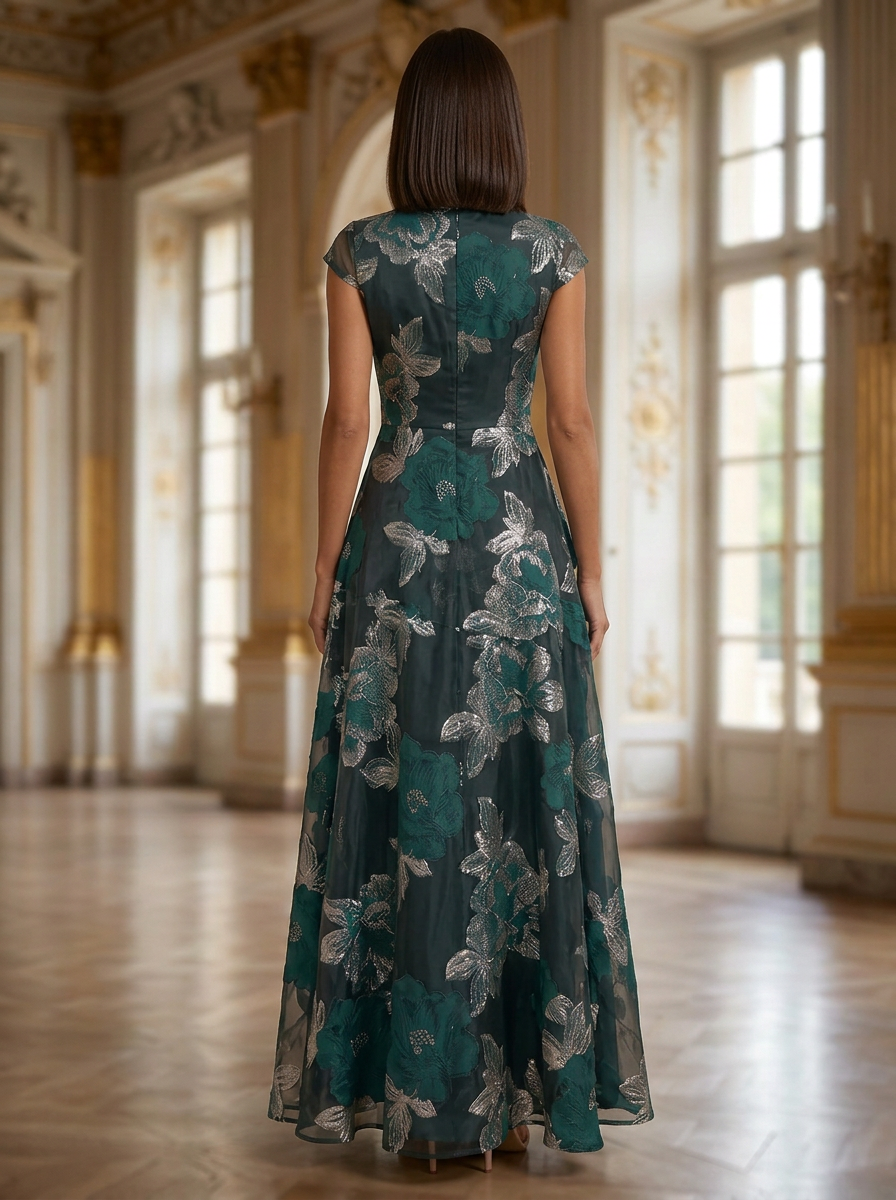 Emerald Green V-Neck Short Sleeve Floral Embroidery Maxi Dress