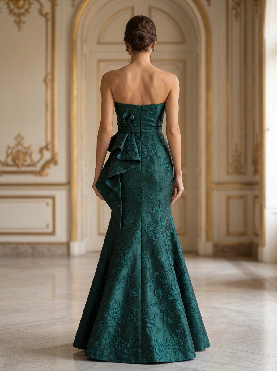 Emerald Green Strapless Floral Jacquard Bow Mermaid Maxi Dress