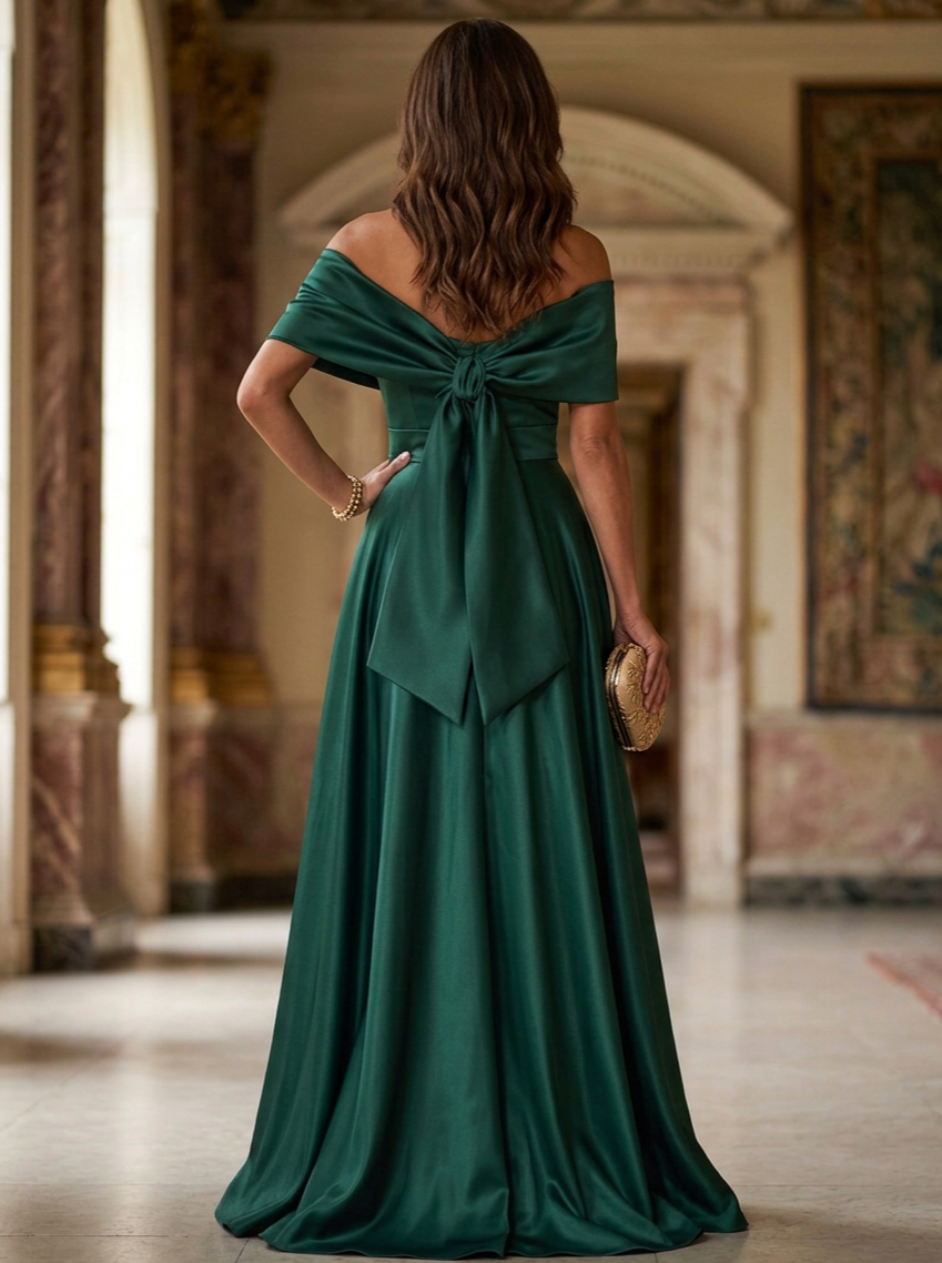 Emerald Green Off Shoulder Satin Bow A-Line Maxi Dress