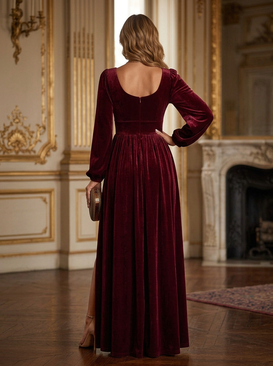 Burgundy Velvet Sweetheart Long Sleeve Slit Maxi Dress