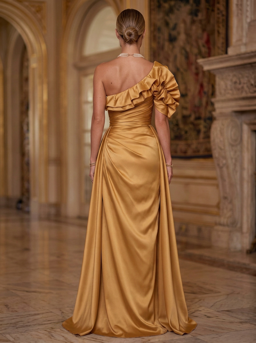 Gold One-Shoulder Ruffle Slit Maxi Dress