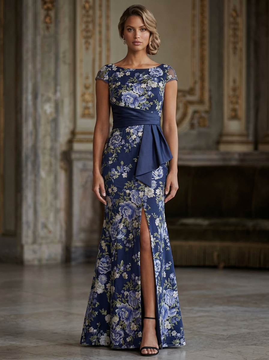 Navy Bateau Neck Cap Sleeve Floral Embroidered Mermaid Maxi Dress