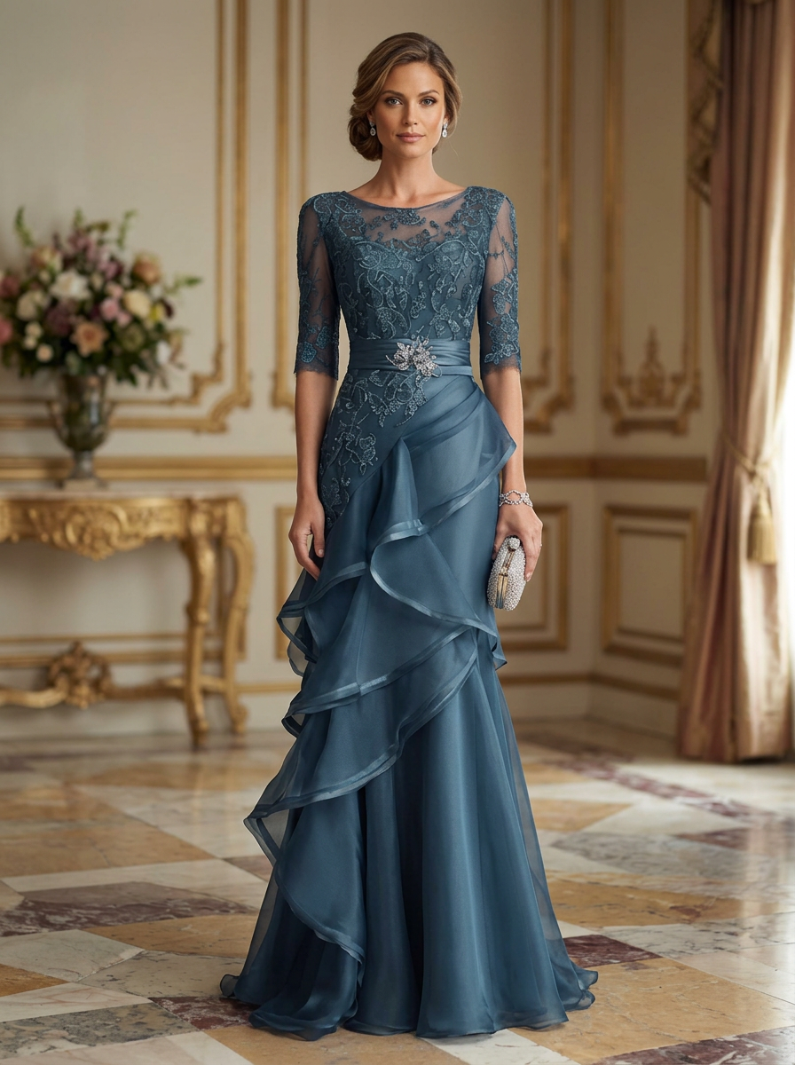 Dusty Blue V-Neck Lace Sleeve Bow Belt Ruffle Tulle Maxi Dress