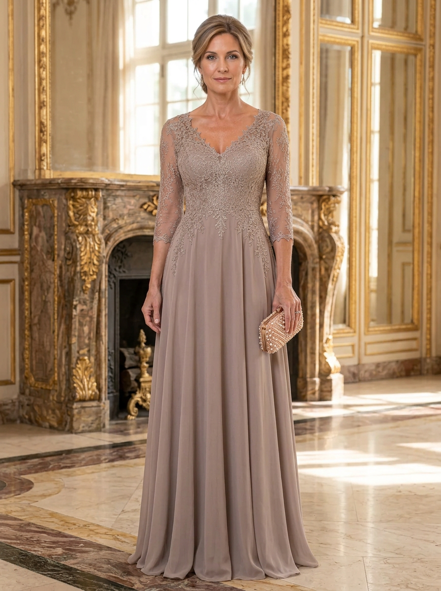 Taupe V-Neck Lace 3/4 Sleeve Chiffon Maxi Dress