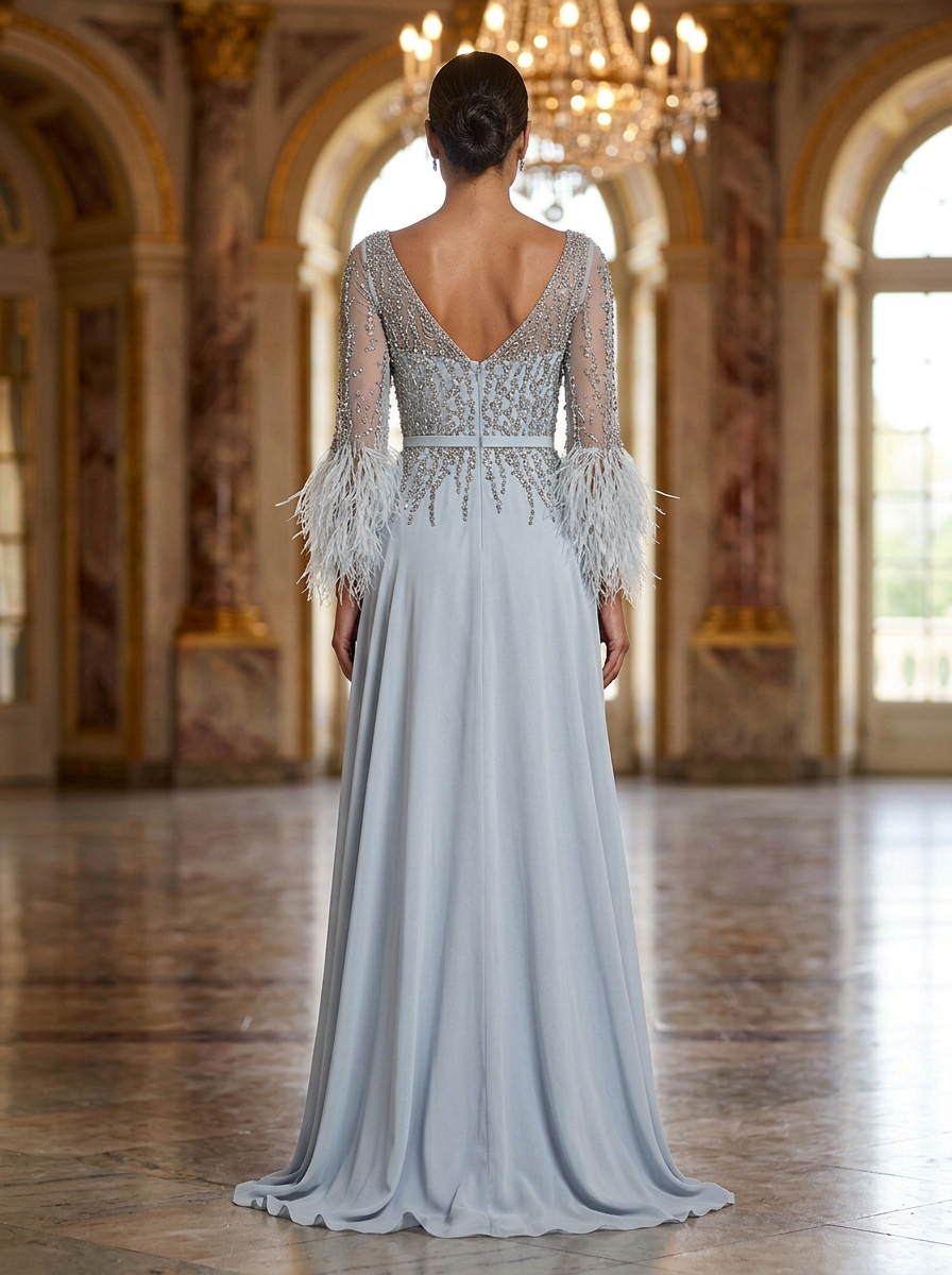 Light Blue Beaded Long Sleeve Feather Trim Maxi Dress