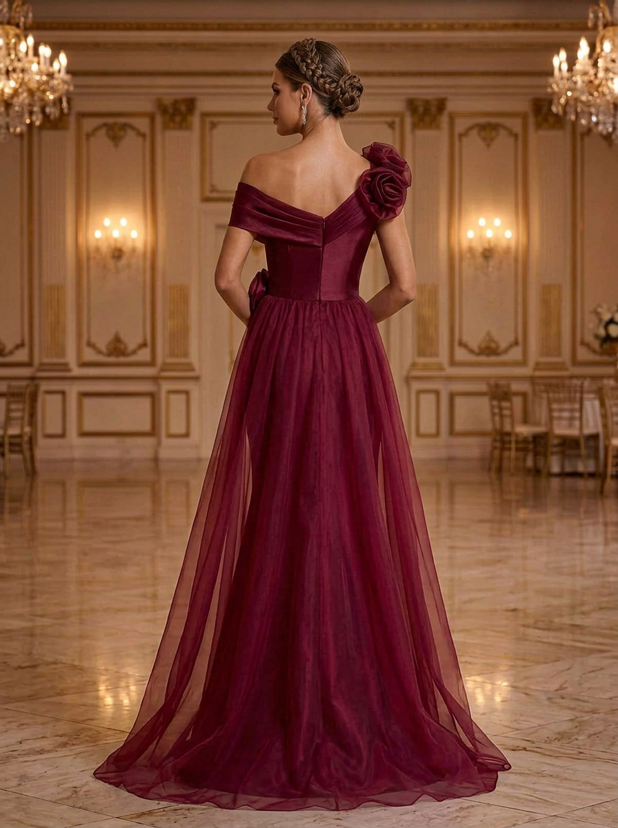 Burgundy Off Shoulder Floral Applique Tulle Mermaid Maxi Dress