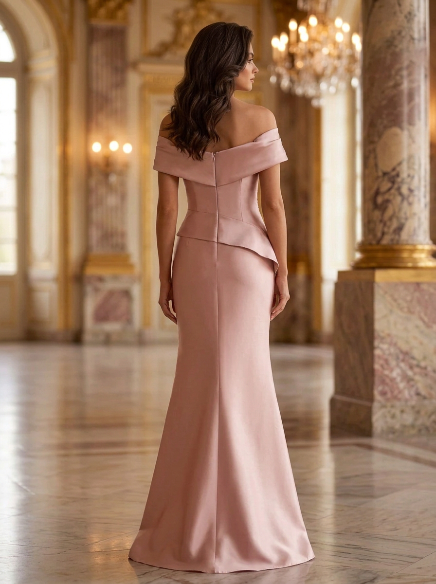 Dusty Rose Off Shoulder Gold Embroidery Mermaid Maxi Dress