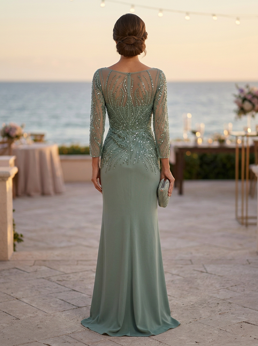 Sage Green Beaded 3/4 Sleeve Sheath Maxi Dress