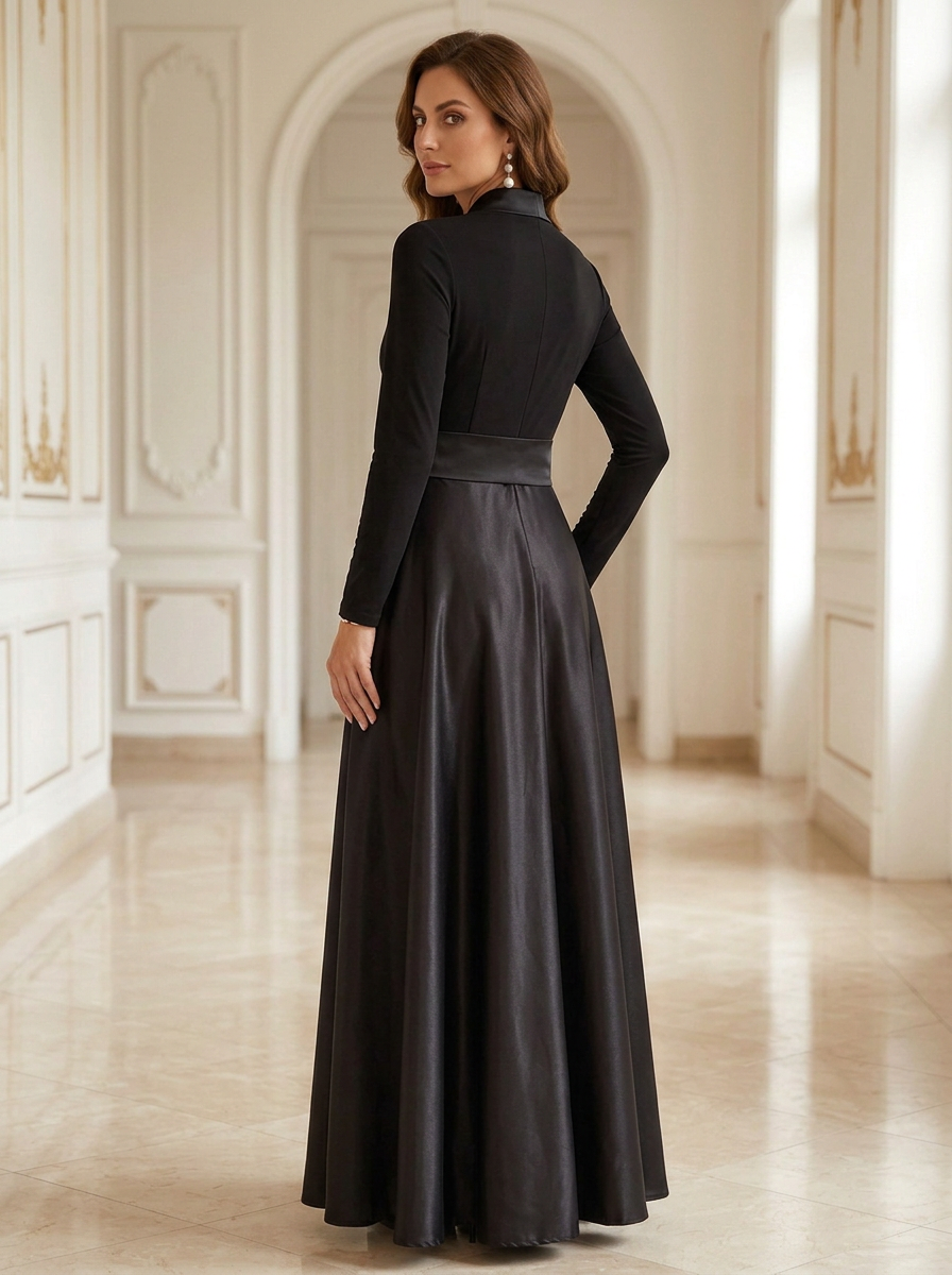 Black Shawl Collar Long Sleeve Bow Sash Satin A-Line Maxi Dress