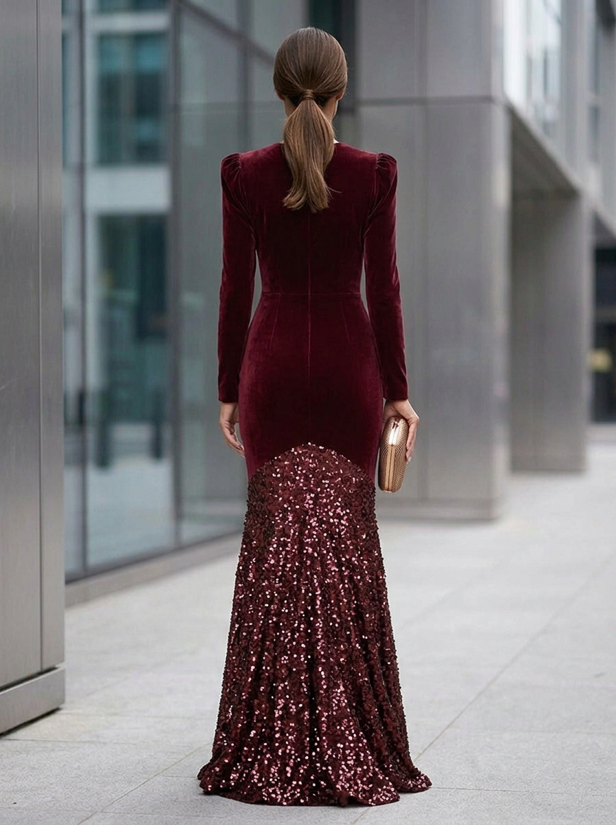 Burgundy Velvet Long Sleeve Sequin Mermaid Maxi Dress