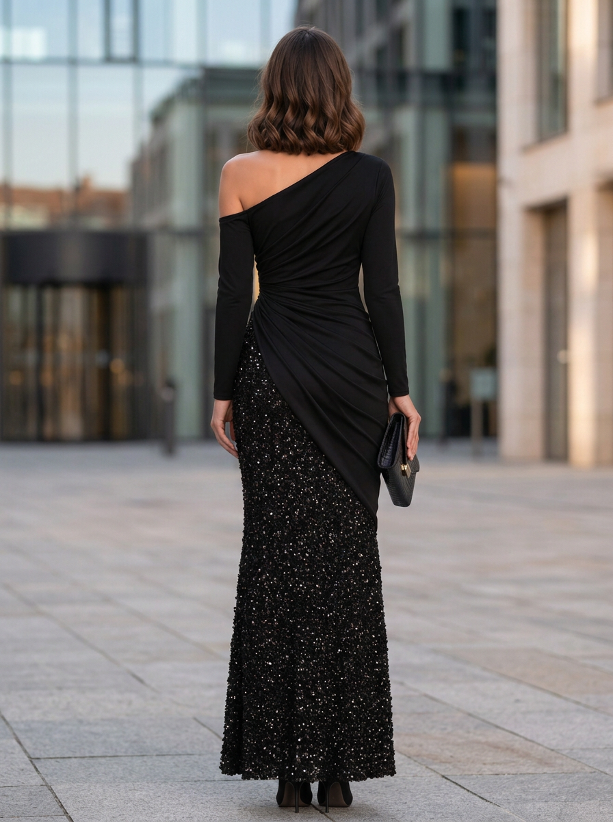 Black One-Shoulder Long Sleeve Sequin Mermaid Maxi Dress