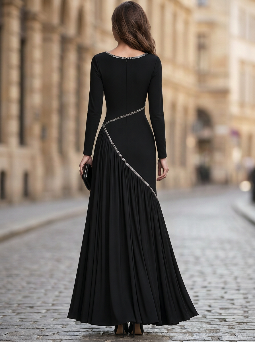 Black Round Neck Long Sleeve Beaded Trim Pleated Maxi Dress