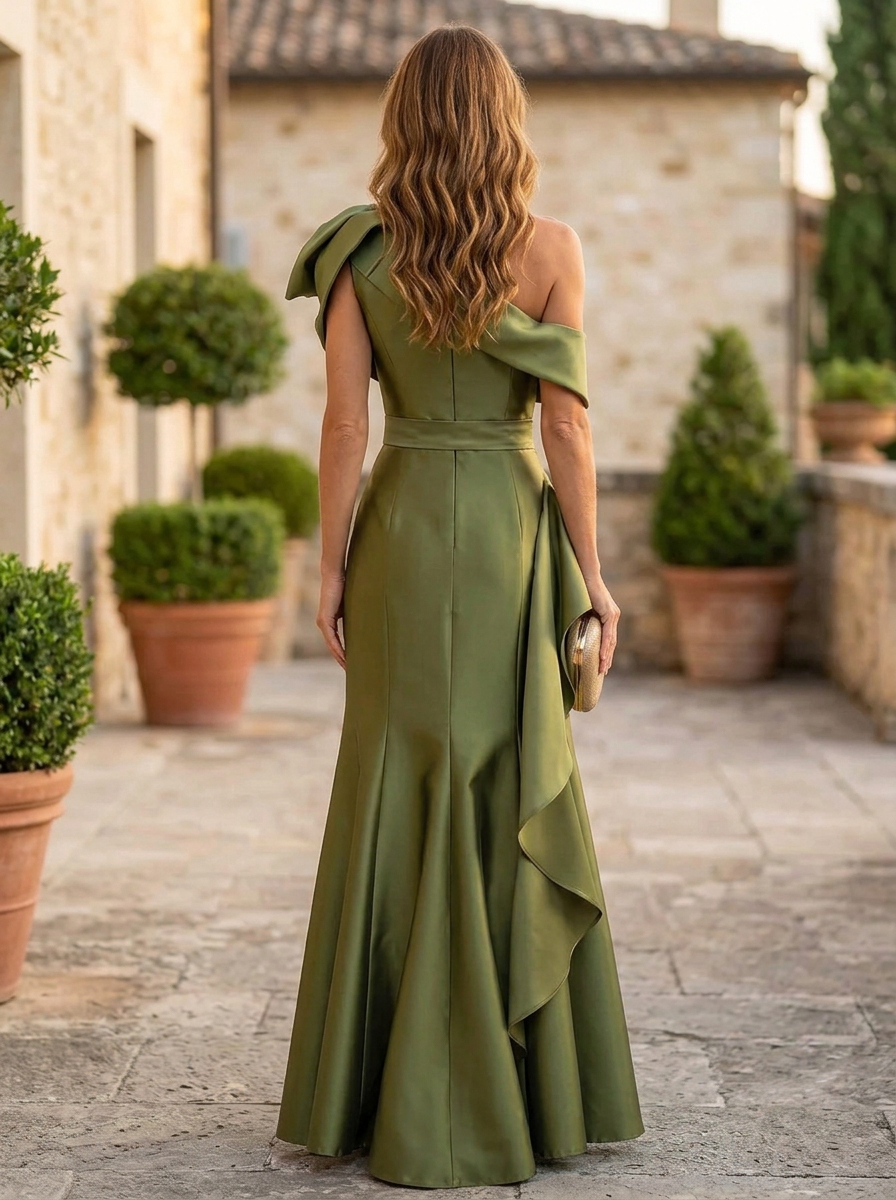 Olive Green One-Shoulder Bow Draped Ruffle Mermaid Maxi Dress
