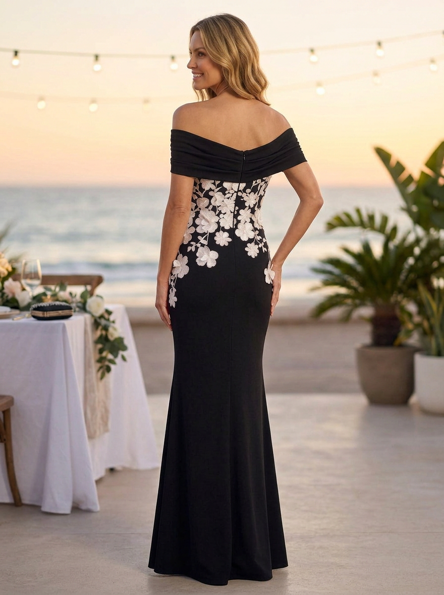 Black Off Shoulder Floral Applique Mermaid Maxi Dress